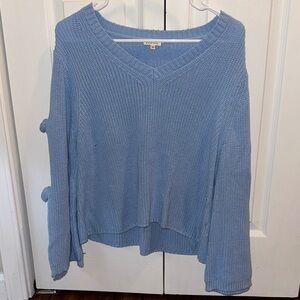Blue V-Neck Sweater with Bow Sleeves
